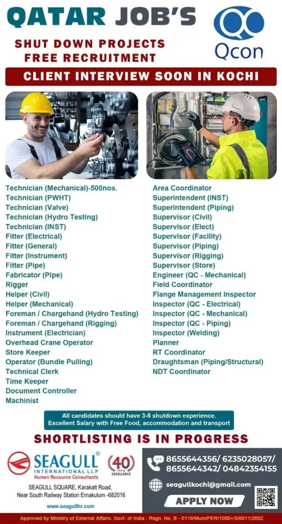 Urgent Hiring for Qatar Shutdown Projects  Free Recruitment