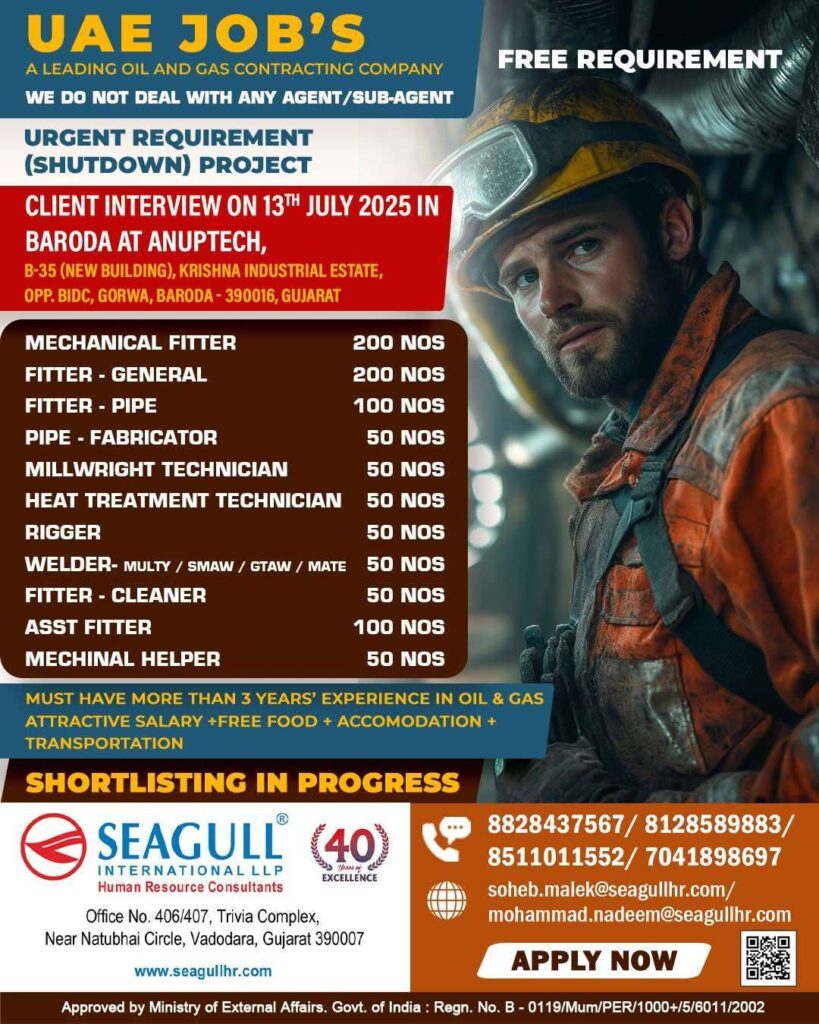 Urgent Hiring for UAE Shutdown Project  Free Recruitment  Walk-in-Interview