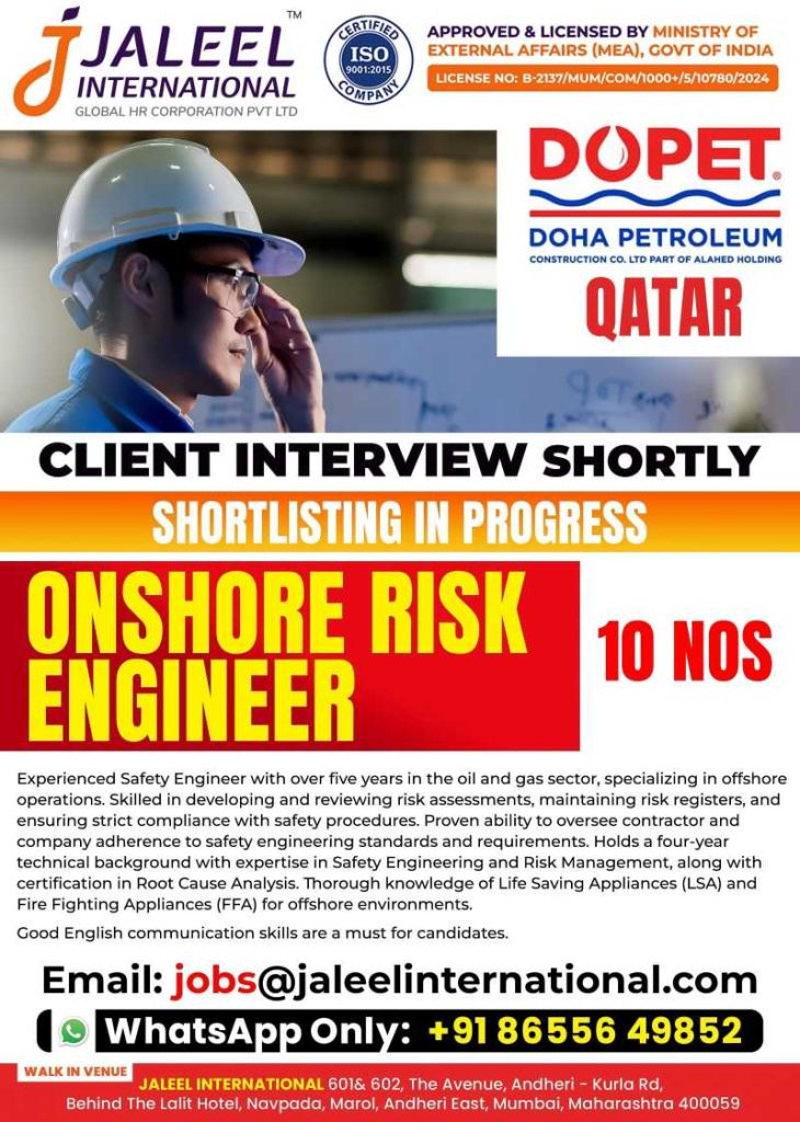 Urgent Hiring Onshore Risk Engineer Jobs in Qatar – Apply Now
