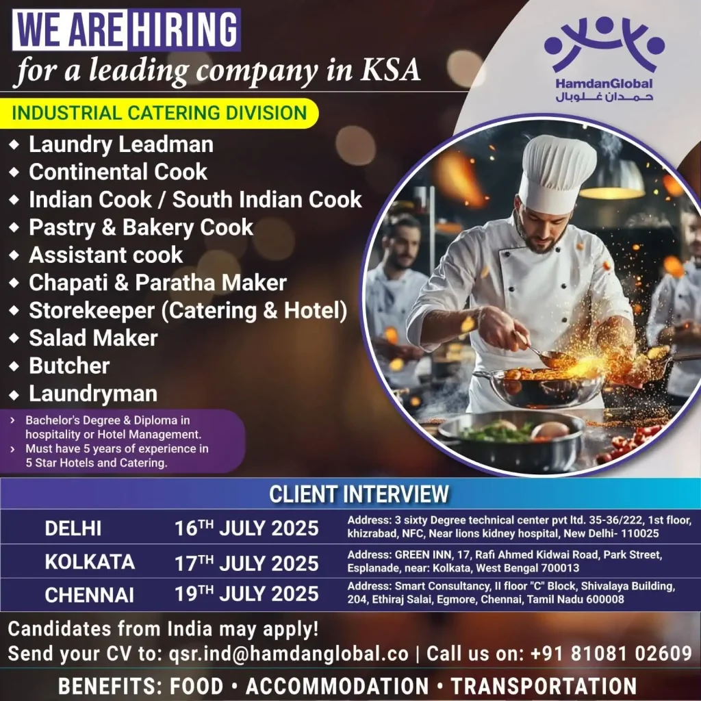 Urgent Hiring for Catering Jobs in Saudi Arabia - 2025