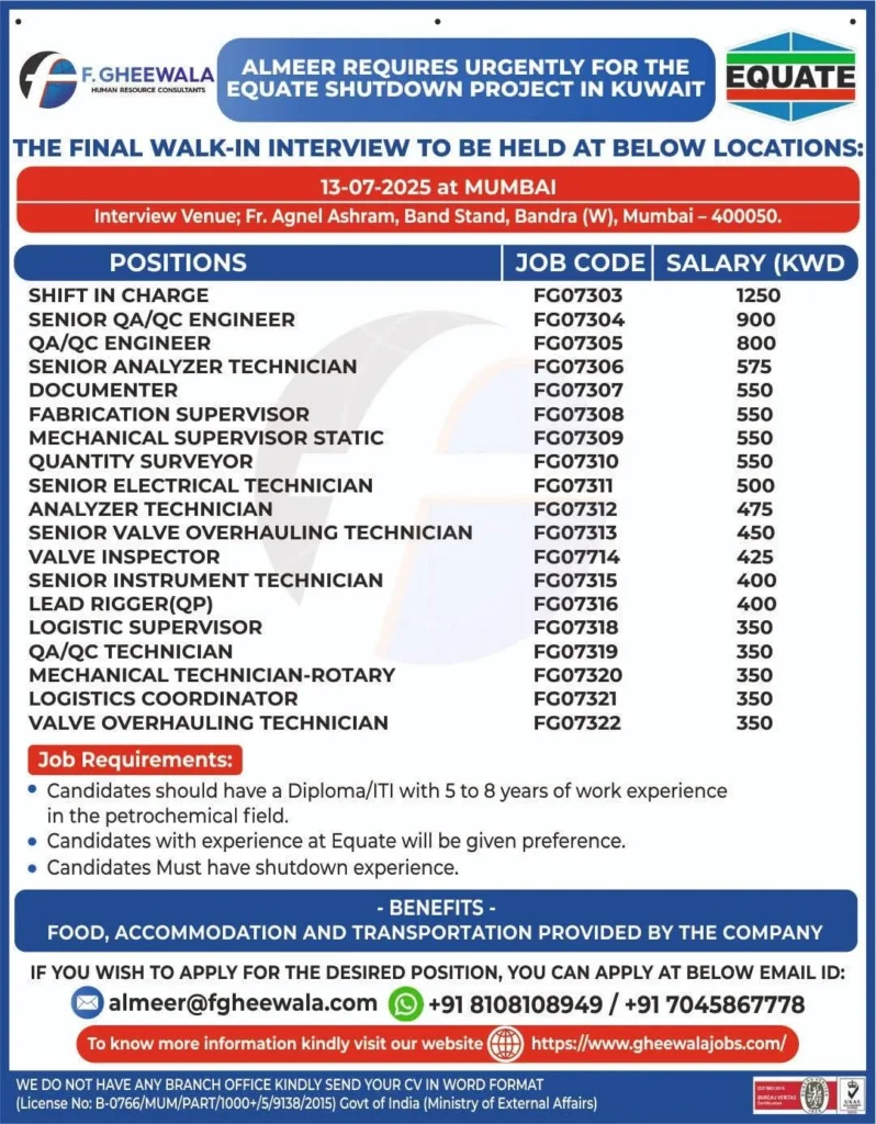 Urgent Hiring for Kuwait - Equate Shutdown Project Walk-In Interview in Mumbai